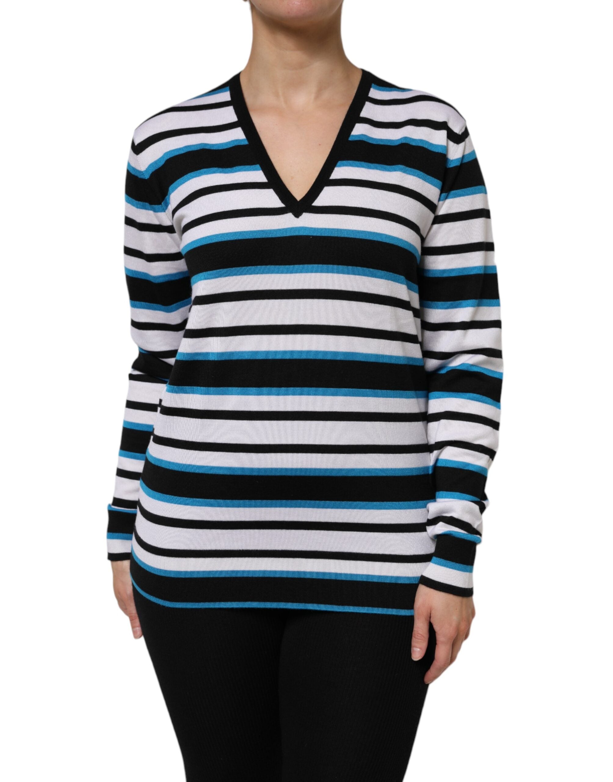 Striped Cashmere Silk V-Neck Sweater — Multicolor