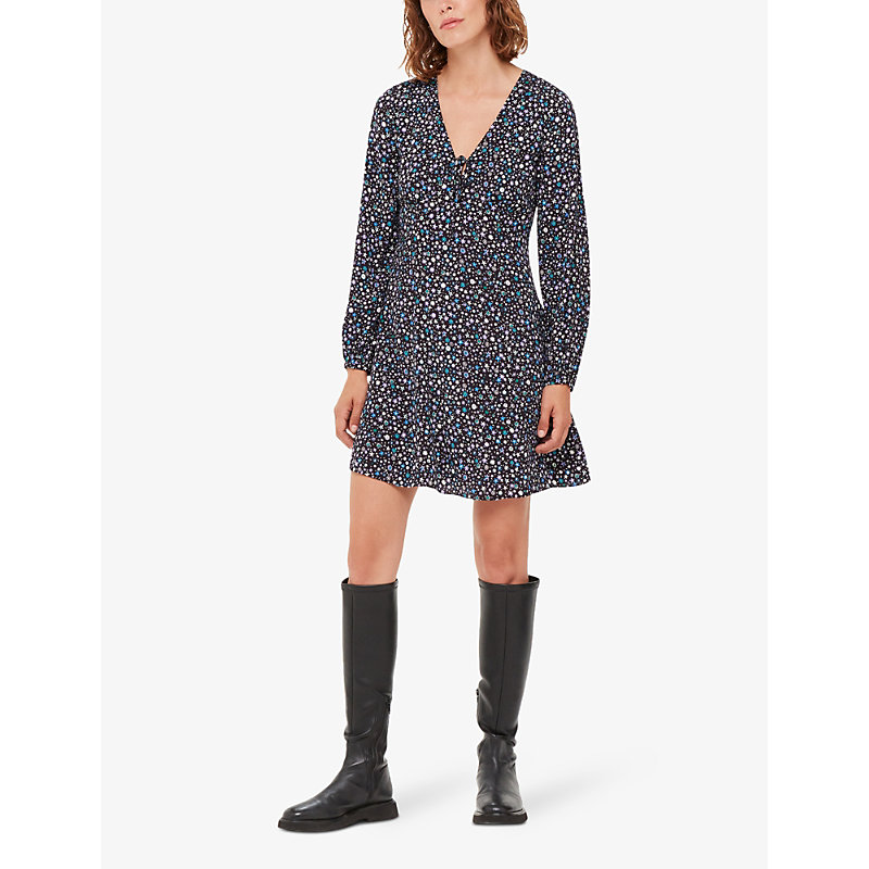 Womens Black/White/Blue Painted Garden Floral-print Woven Mini Dress