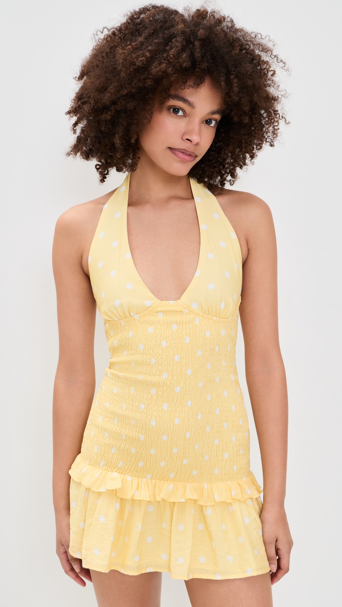 Fleur Shirred Halter Mini Dress Lemon White Polka