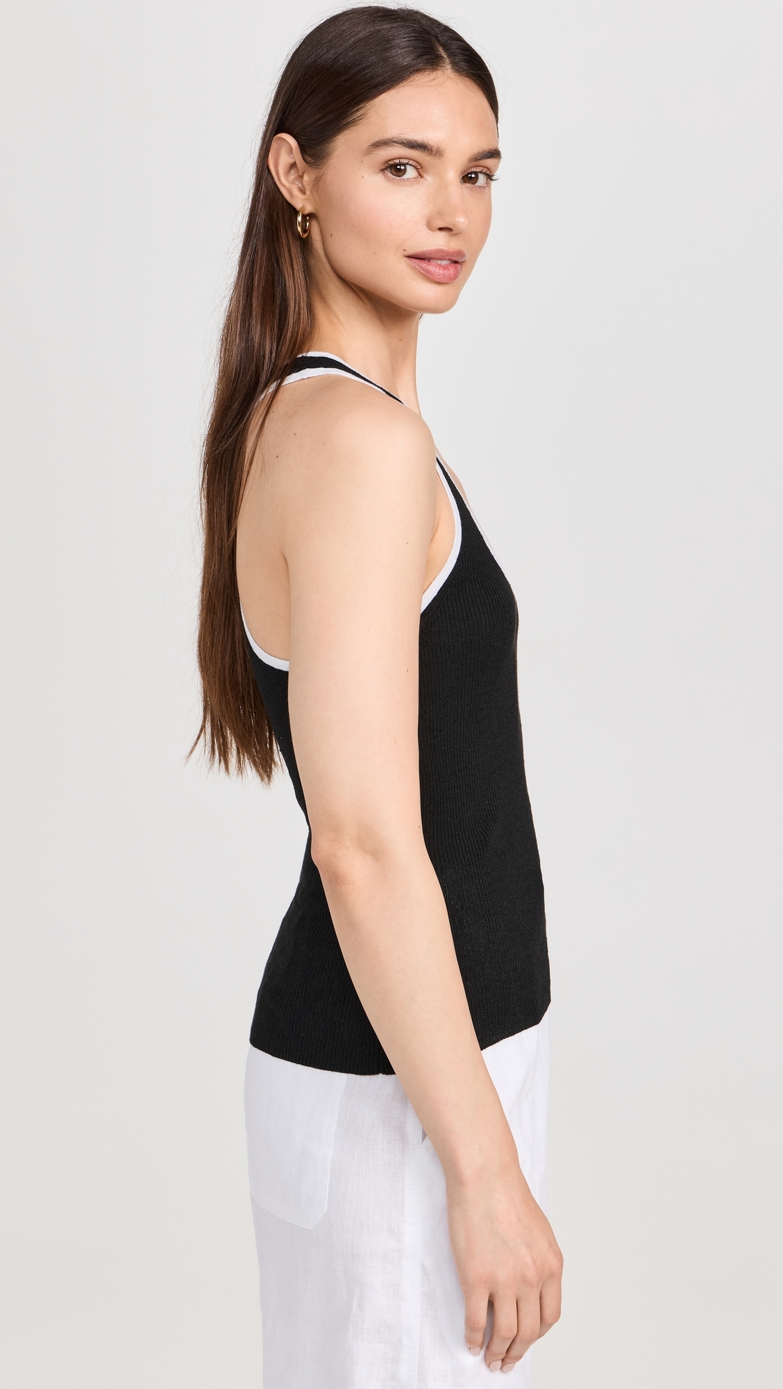 Stretch Linen Ringer Tank Black/ White