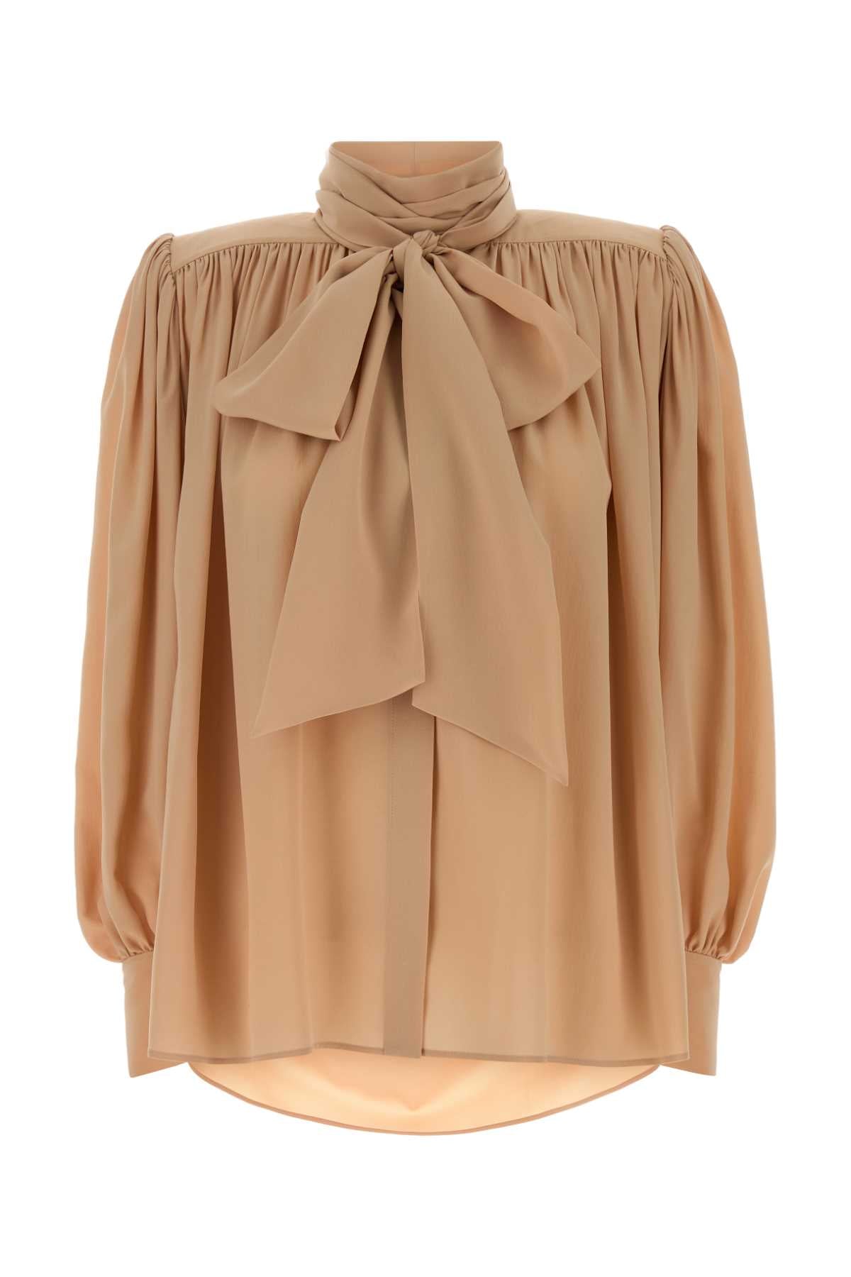 Silk Crepe Bow-Neck Blouse — Beige