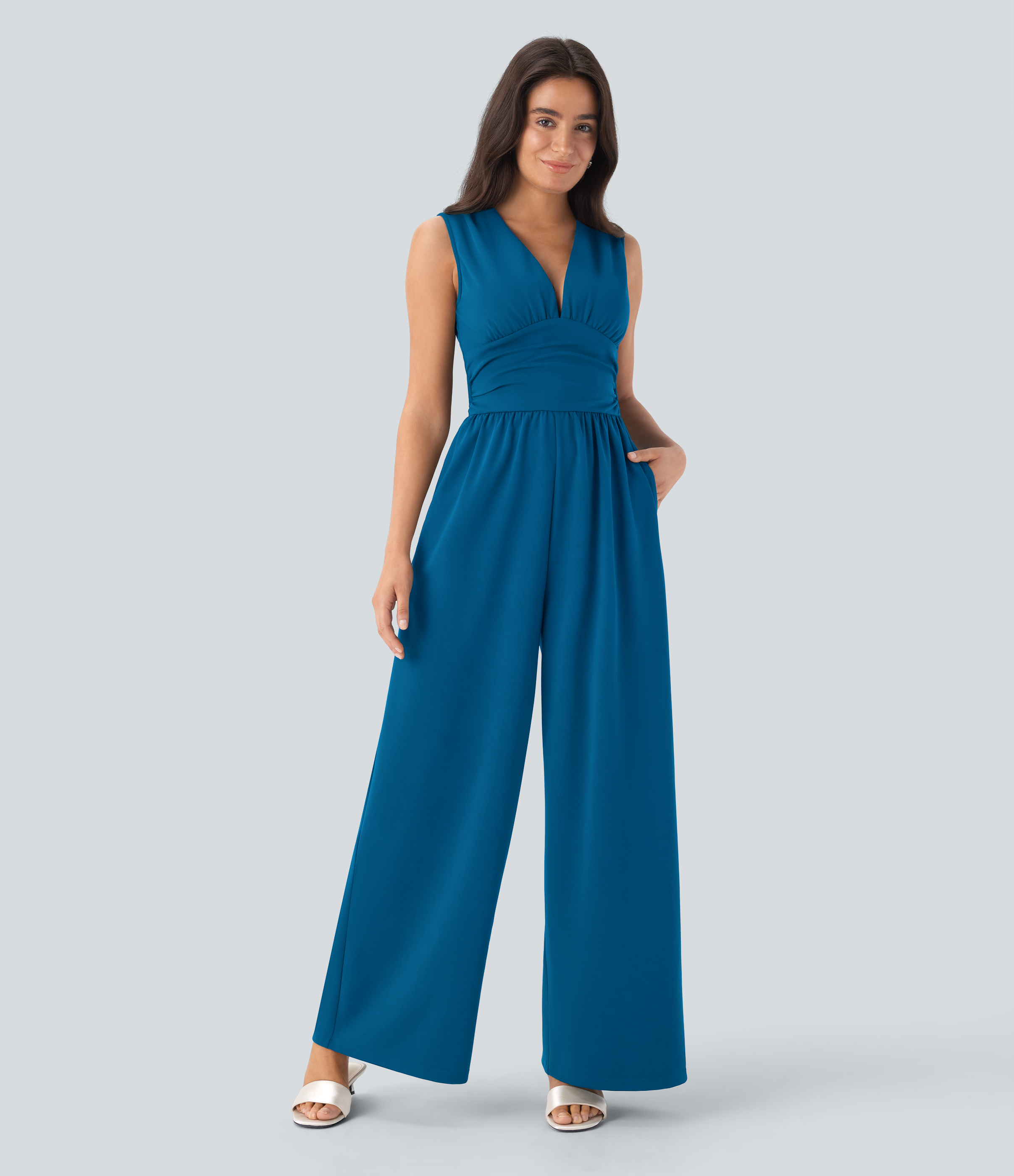 V Neck Sleeveless Ruched Pocket Jumpsuit-Easy Peezy  - Pacific Blue