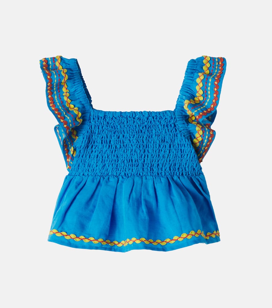 Embroidered shirred linen and cotton top