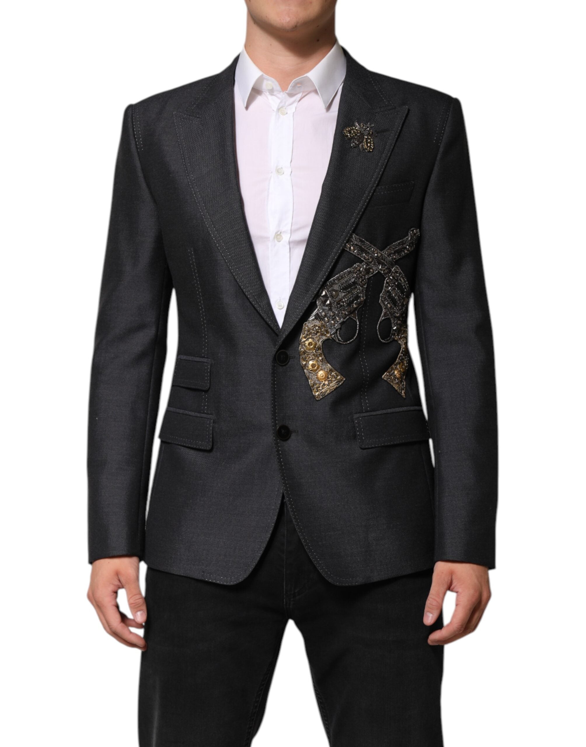 Embroidered Wool Blazer — Gray