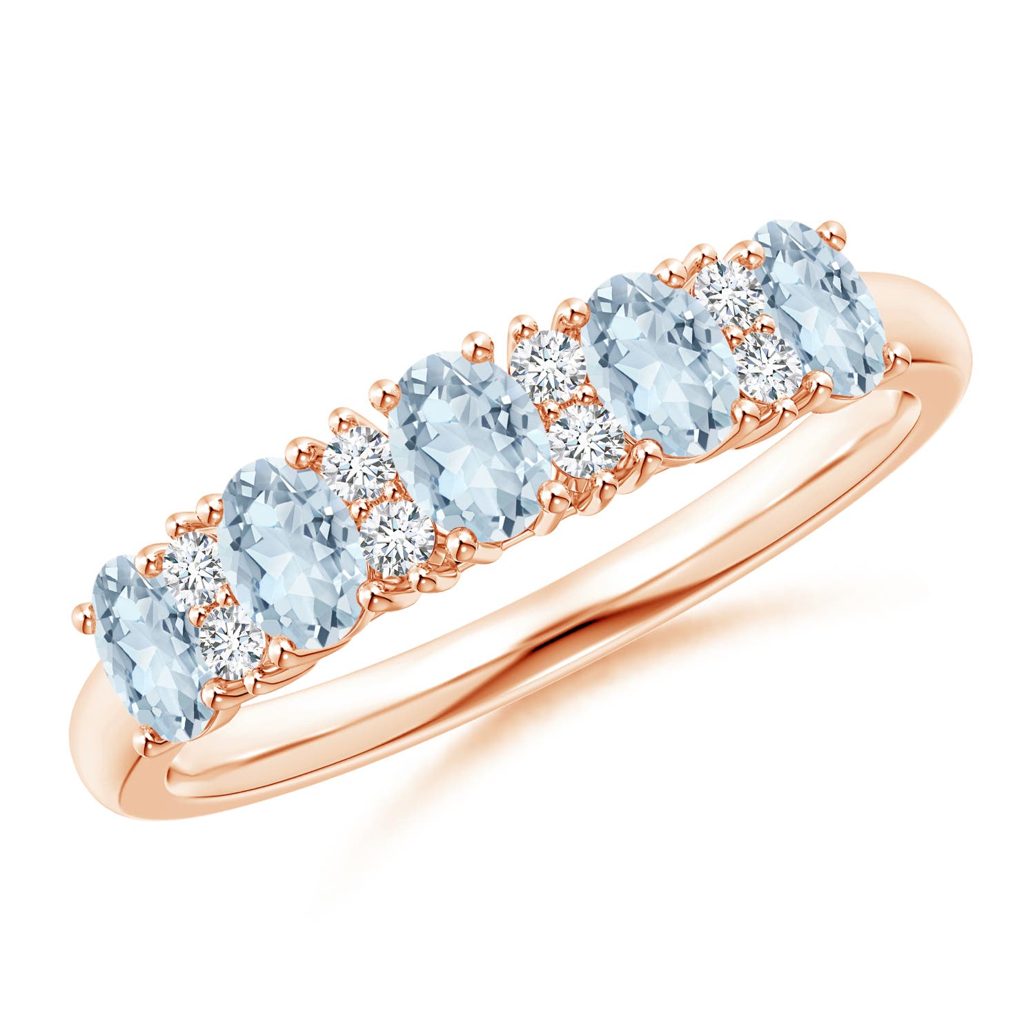 Angara 0.75 Carat Five Stone Aquamarine and Diamond Wedding Ring in 14K Rose Gold
