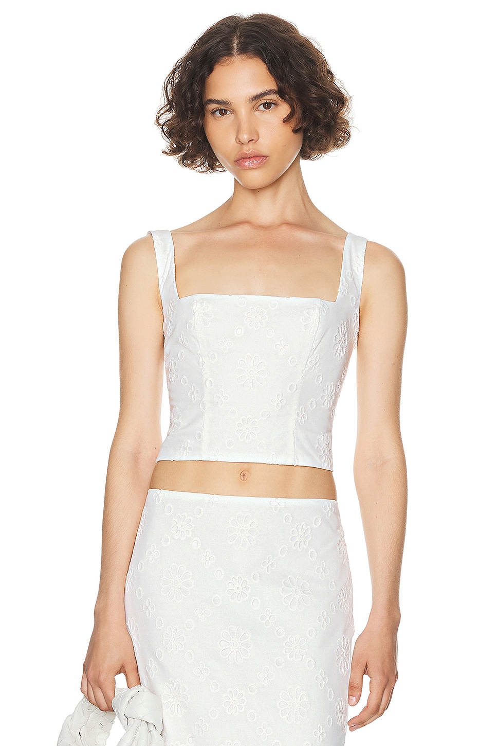 Helsa Eyelet Corset Top in Antique White. S also in