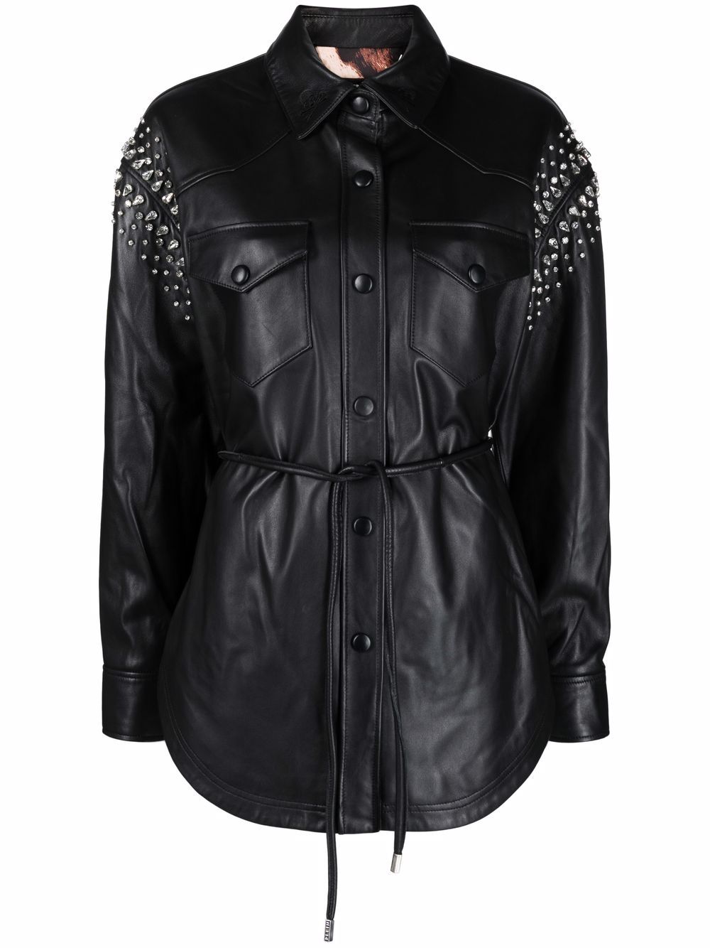 Crystal-studded leather shirt - Black
