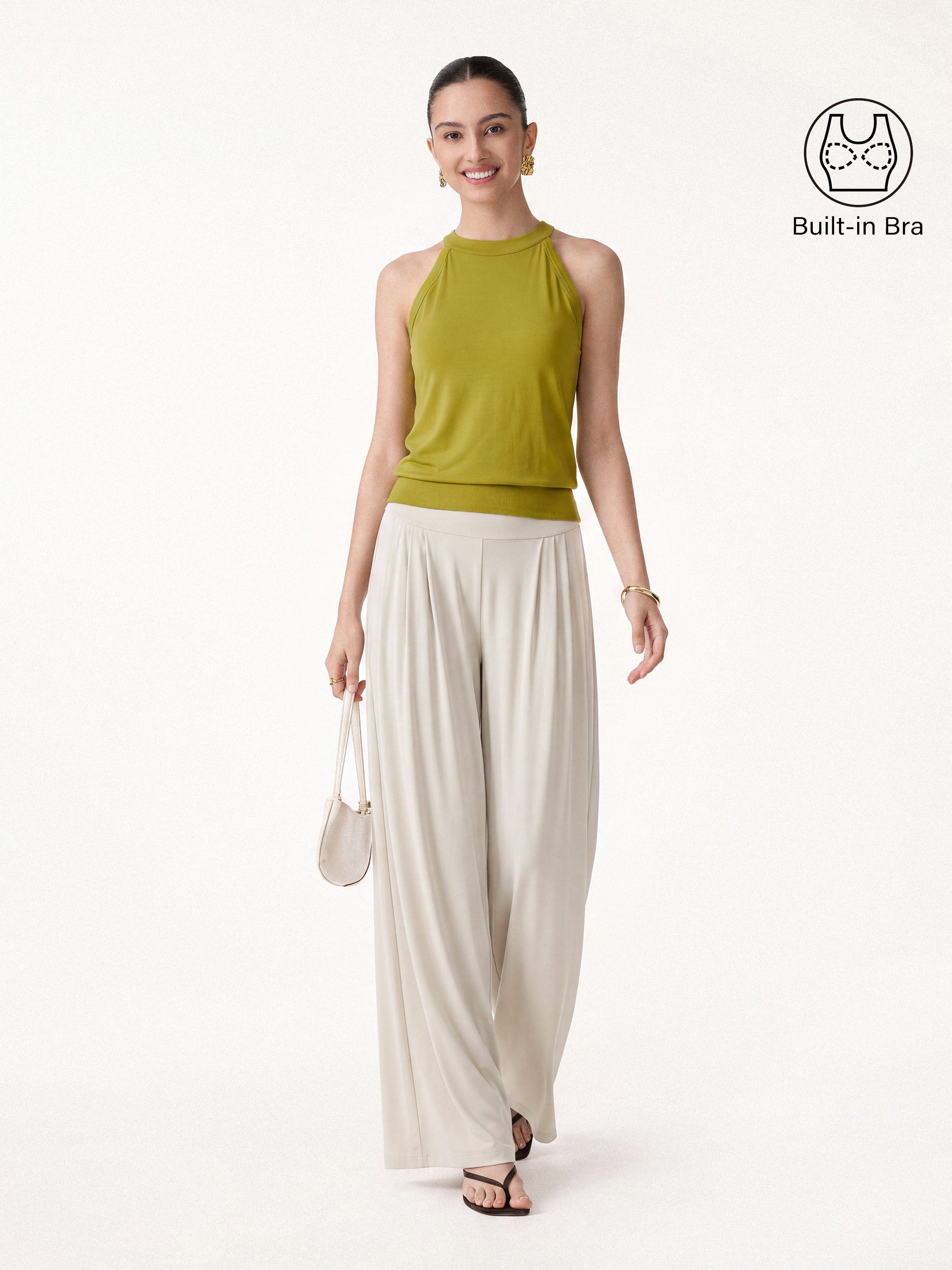 2Pcs Set Halter Neck Bra Tank & Tucked Pant with Pockets - Olive Spring Green/Morning Mist / XS