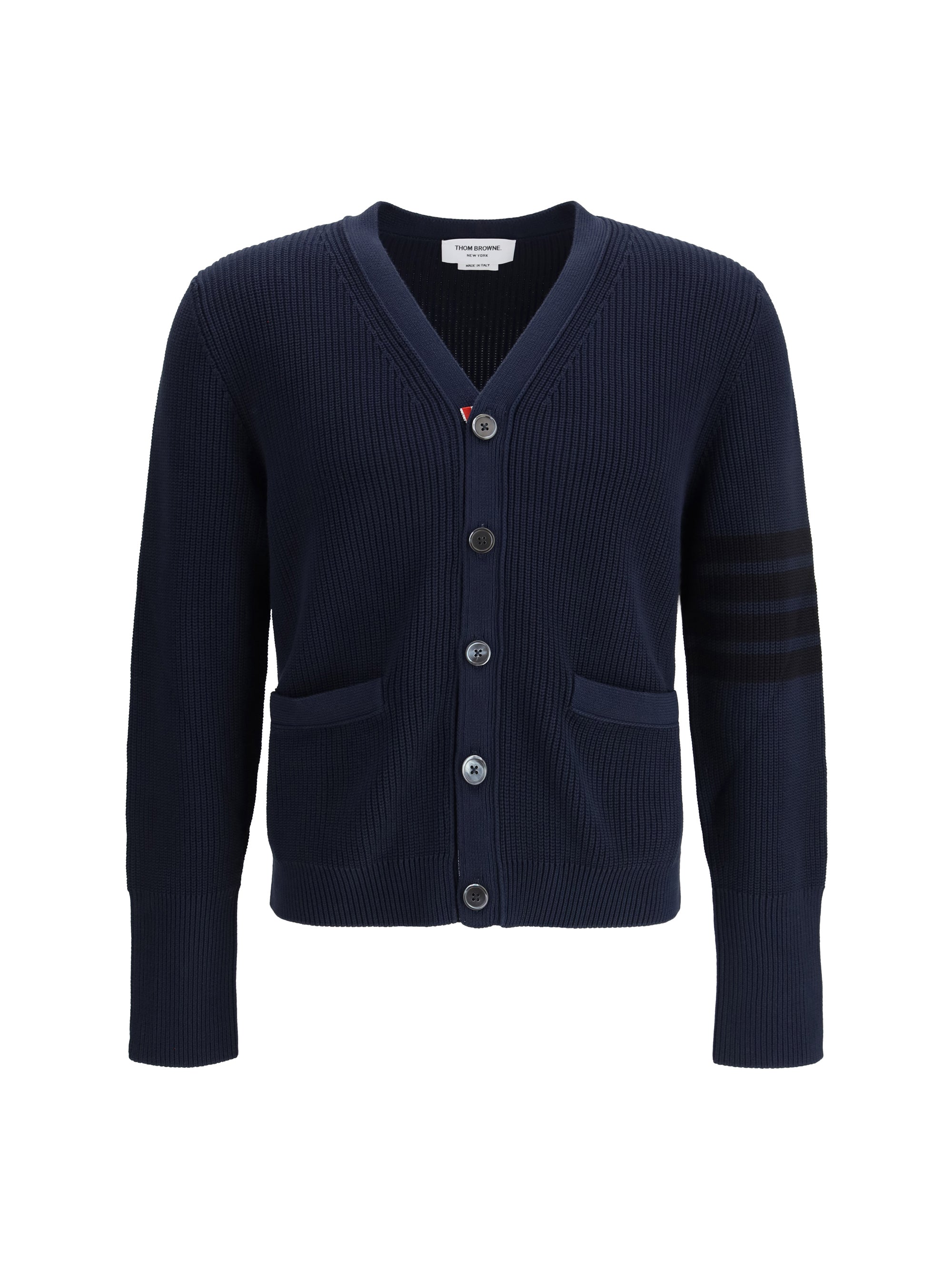 Ribbed Cotton V-Neck Cardigan — Navy
