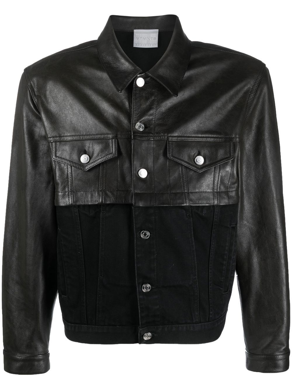 Contrasting leather-block denim jacket - Black