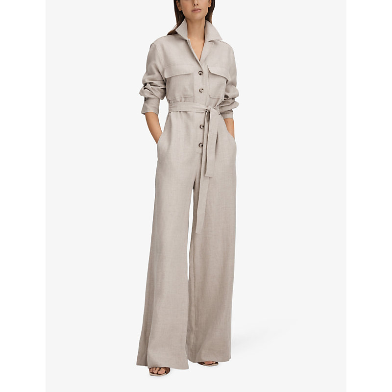 Womens Neutral Anita Long-sleeve Wide-leg Linen Jumpsuit