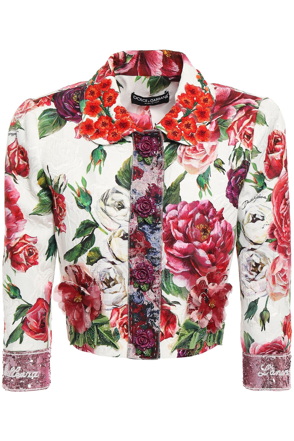 Cropped embellished floral-print cotton-blend jacquard jacket - White - IT 42