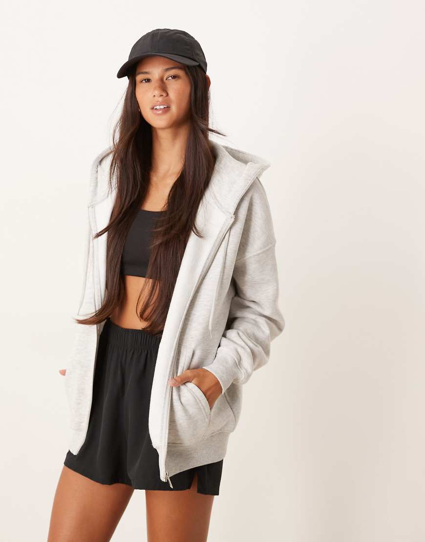 Cotton rich zip through hoodie in light grey melange