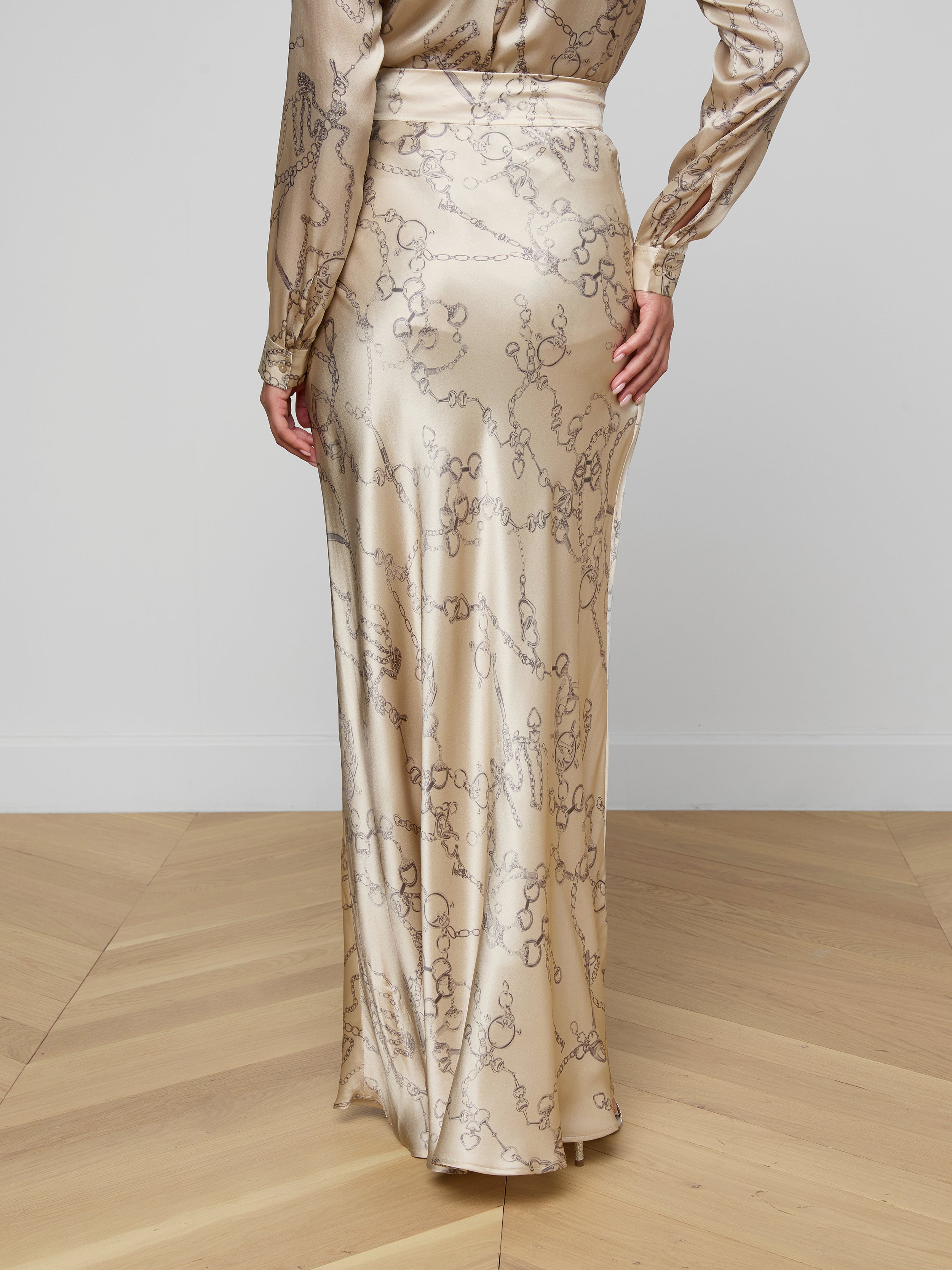 Ryker Silk Maxi Skirt In Soft Macadamia Multi Small Horsebit Chain