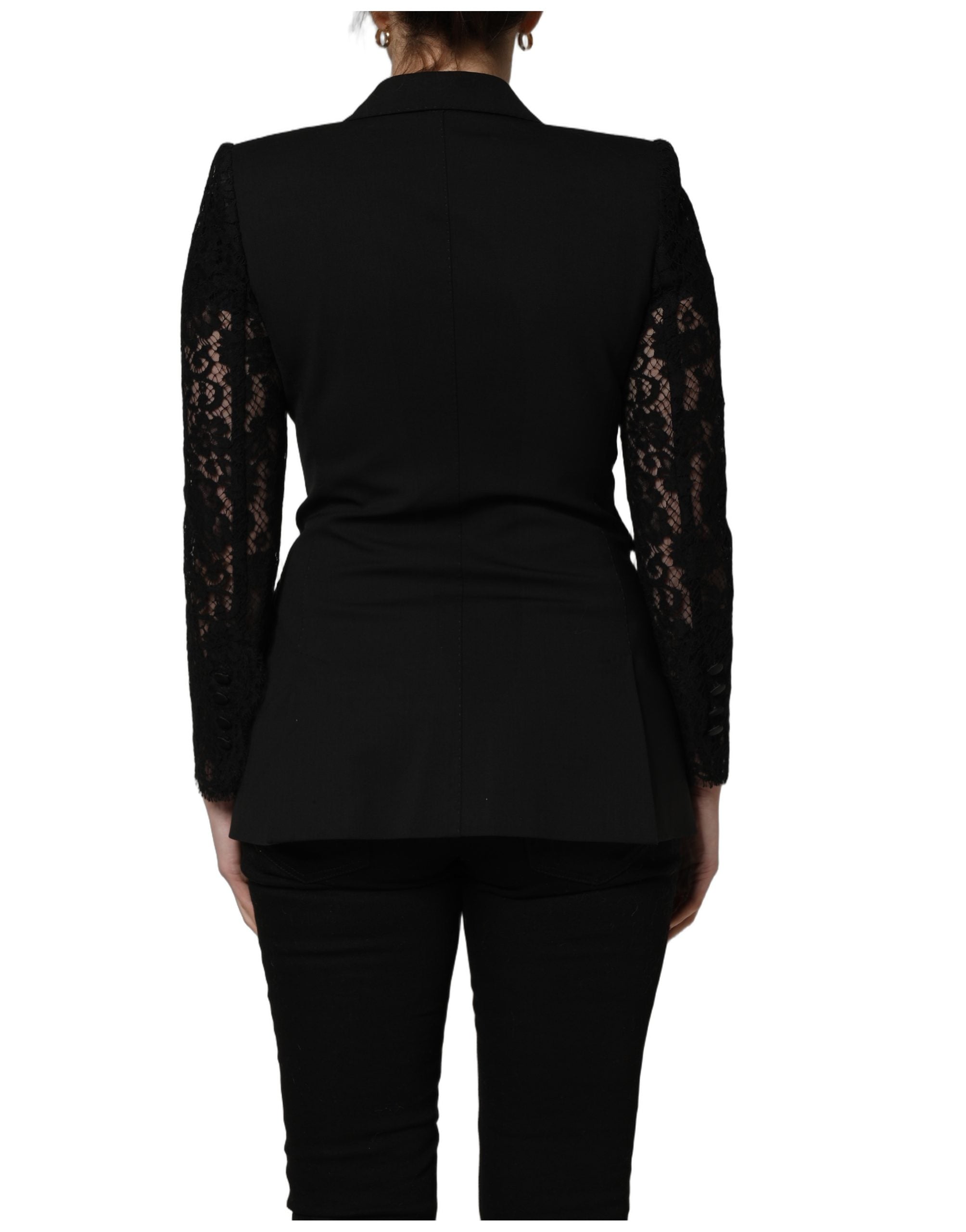 Virgin Wool Lace-Sleeve Blazer — Black
