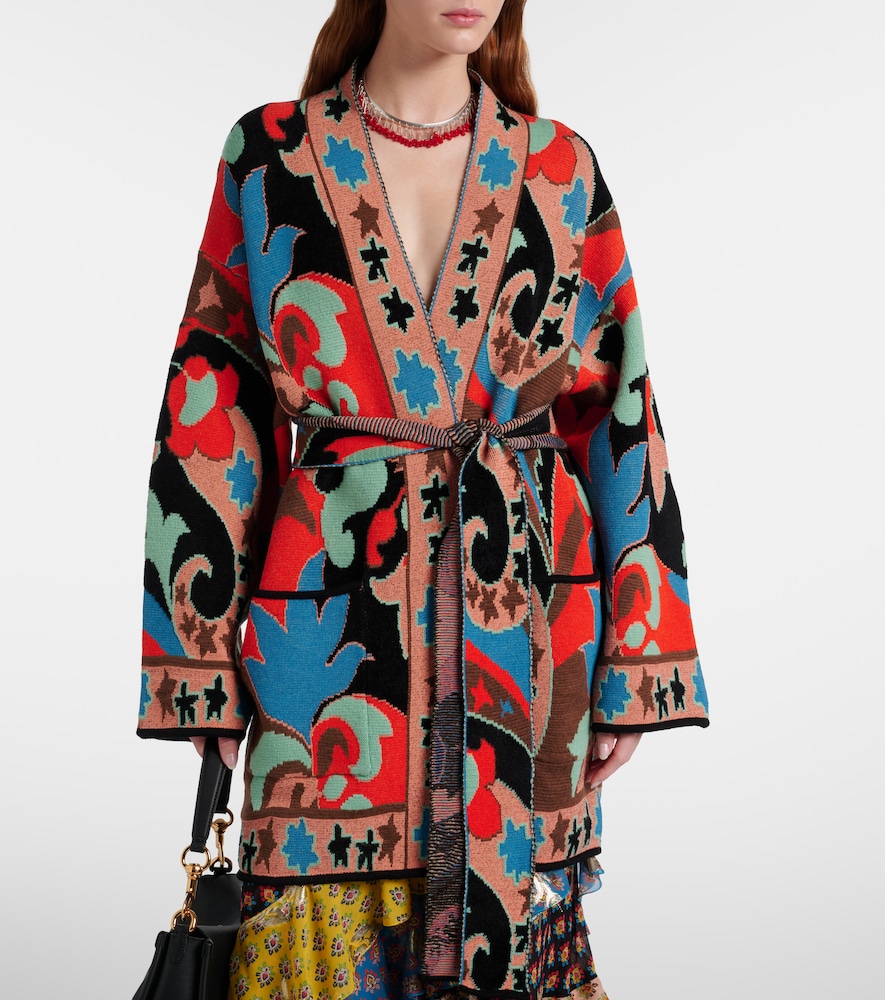 Belted jacquard wool-blend wrap cardigan