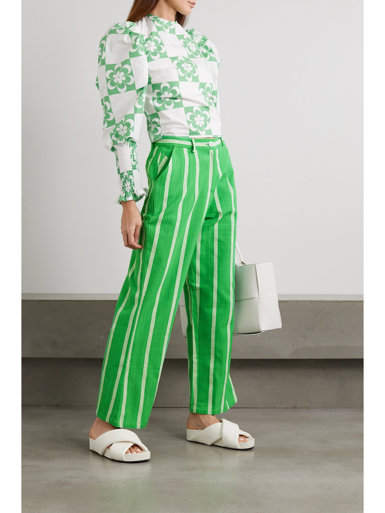 Maryjo Striped Cotton Wide-leg Pants - Green
