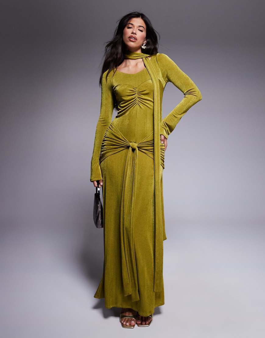 Ruched maxi dress with waist and neck tie detail in lime green