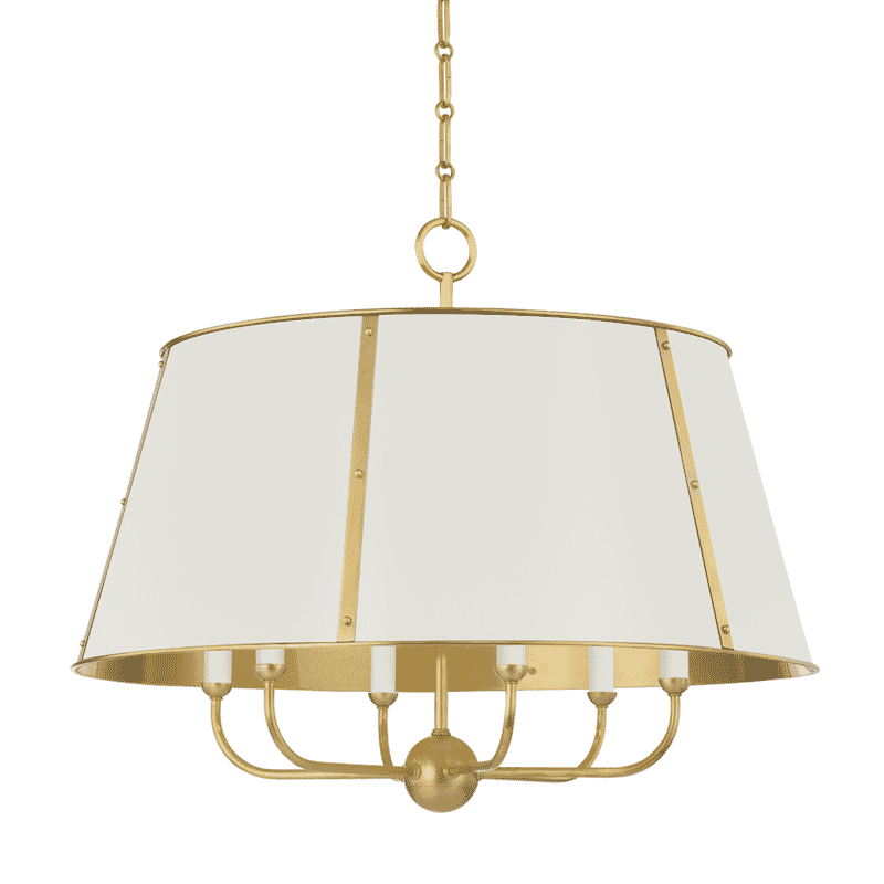 Aged Brass Off White Six Light Chandelier from the Cambridge Collection