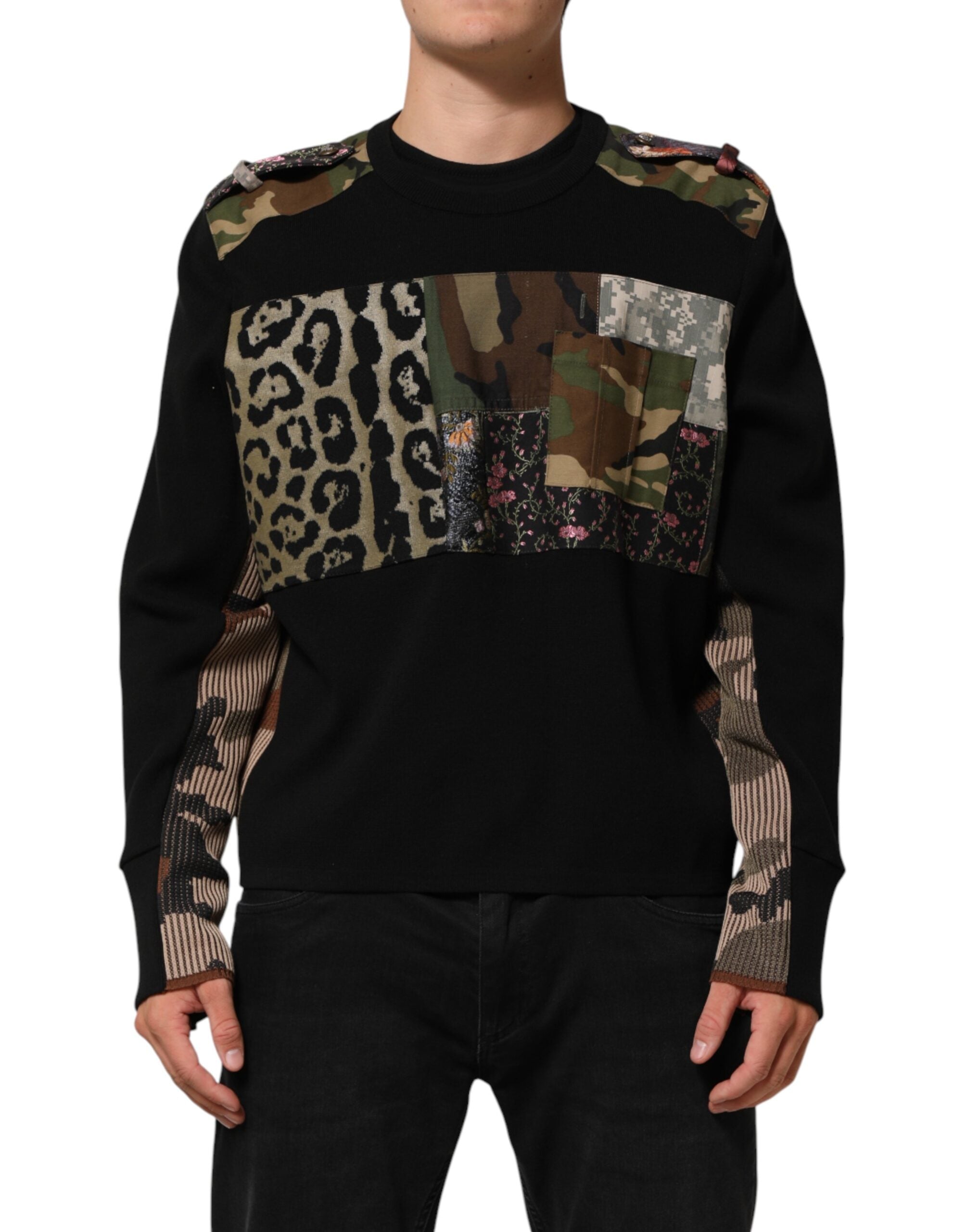 Patchwork Crew Neck Sweatshirt — Black