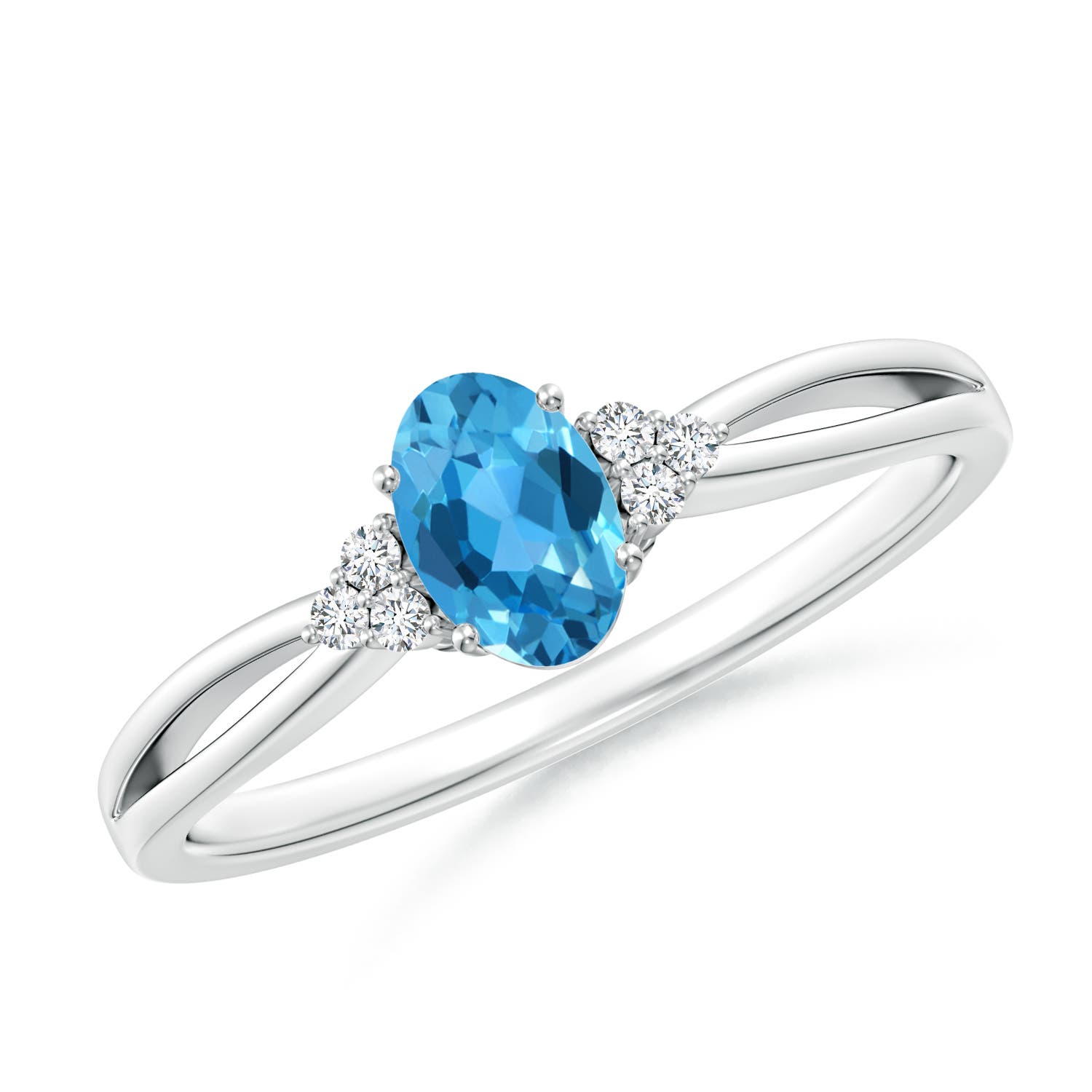 Angara 0.54 Carat Oval Swiss Blue Topaz Split Shank Ring with Trio Diamonds in Platinum