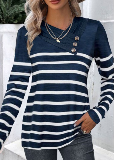 Modlily Navy Button Striped Long Sleeve T Shirt