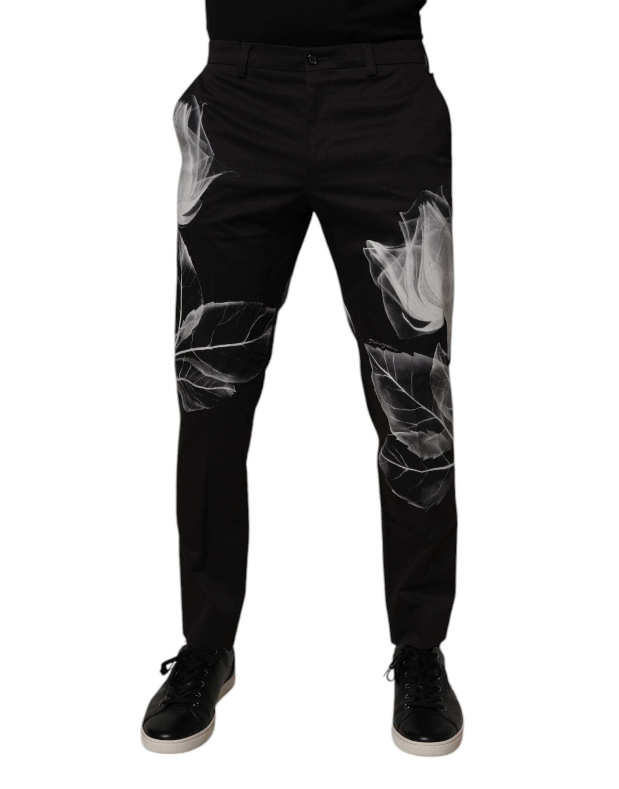 Floral-Print Cotton Trousers — Black