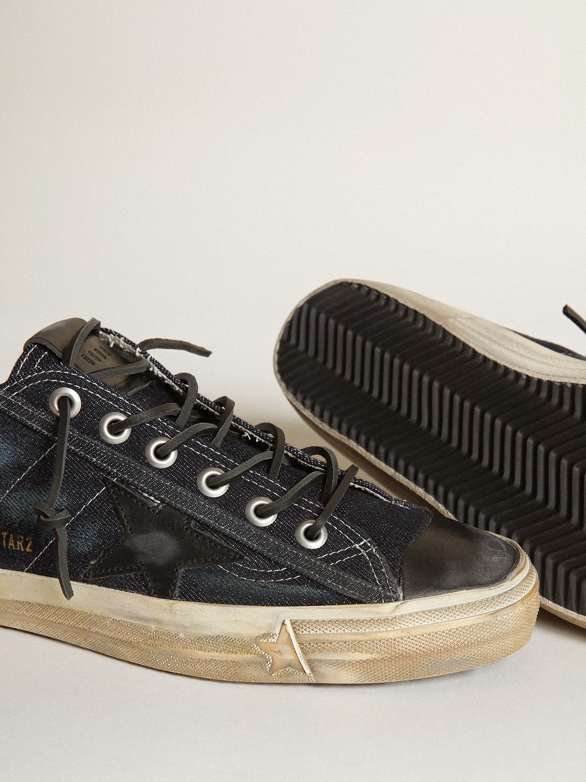 Golden Goose - V-star Sneakers In Midnight-blue Denim With Black Leather Star And Toe, Man