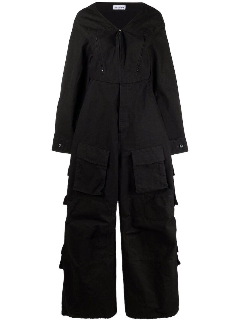 Ladies Black V-Neck Cotton Cargo Jumpsuit