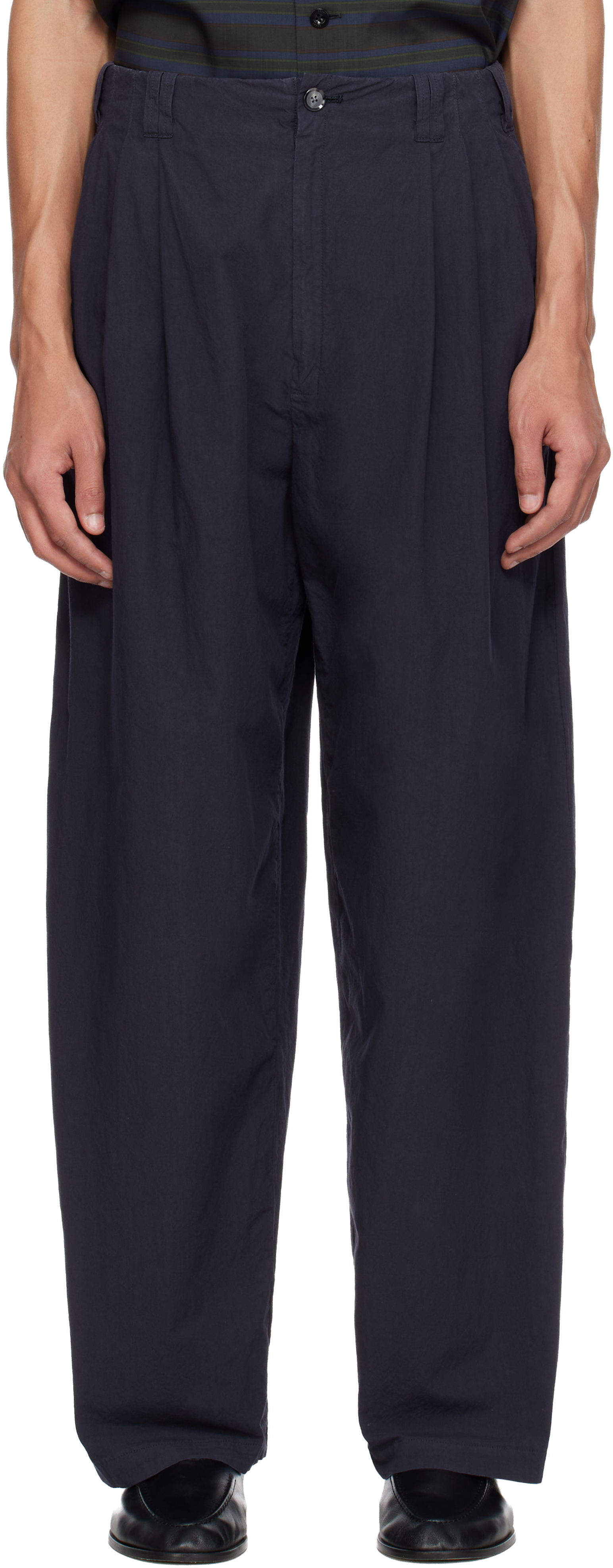 Navy Cotton Typewriter Garment-dyed 3pleated Tapered Trousers