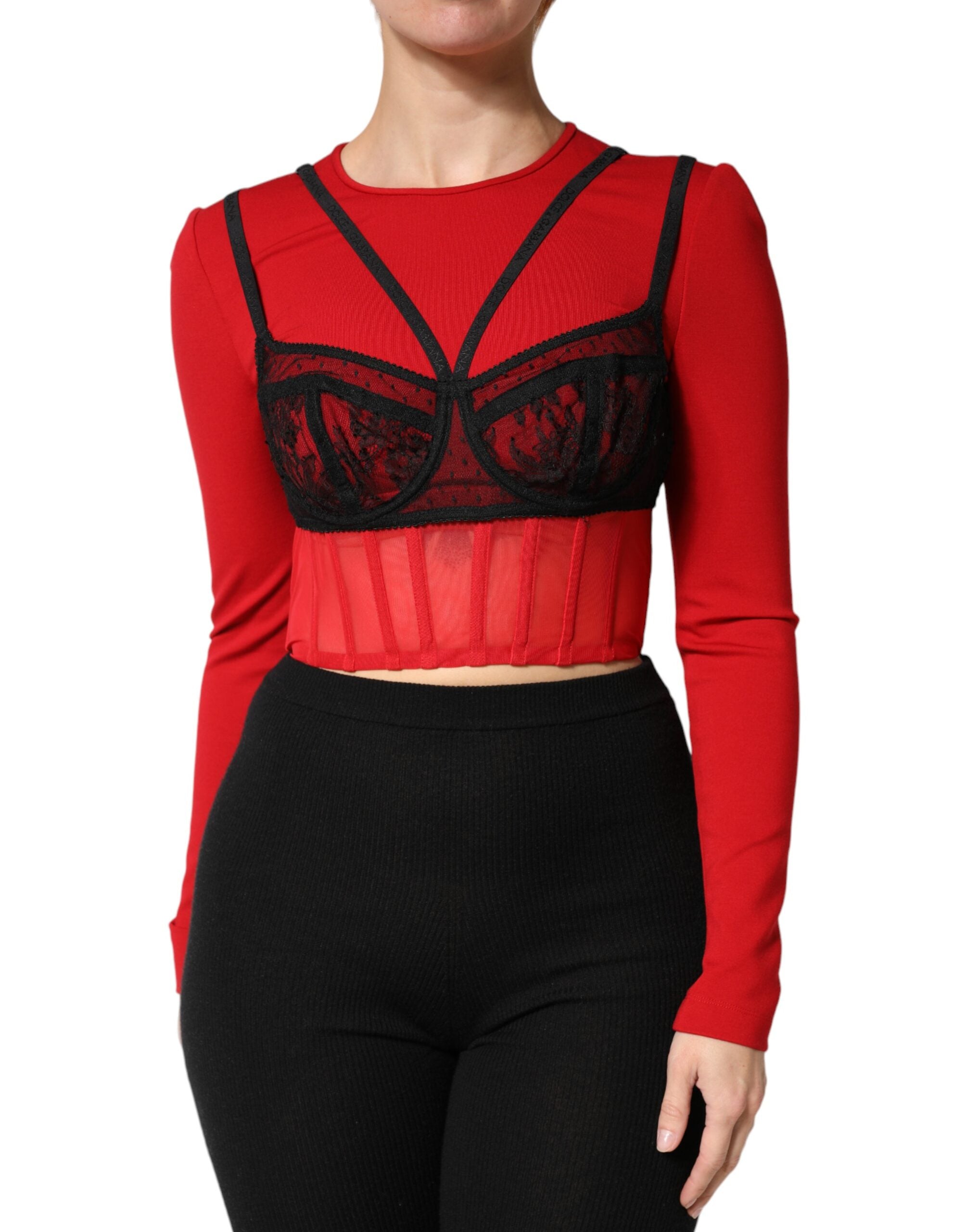 Bralette-Trimmed Cropped Blouse — Red