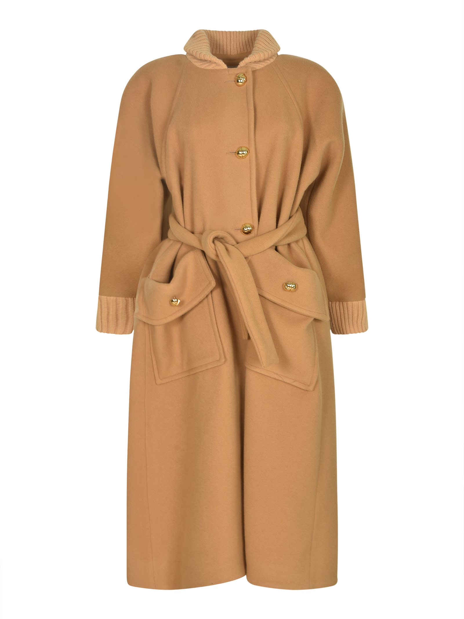 Ribbed-collar tied-waist coat - Brown