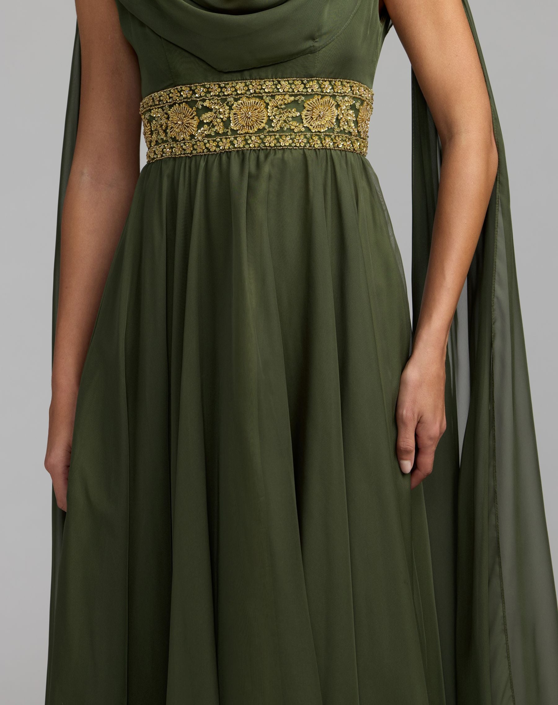 Olive Cowl Chiffon Gown With Embellished Waist
