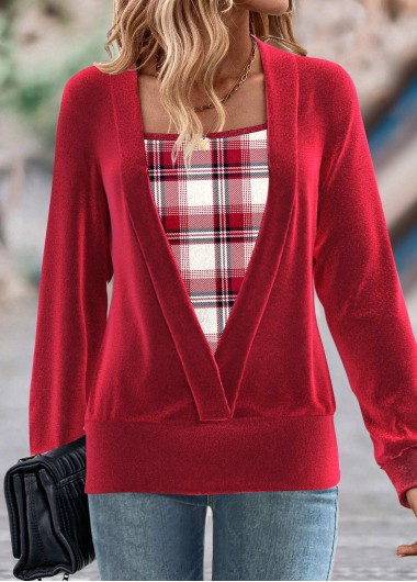 Modlily Red Fake 2in1 Plaid Long Sleeve Square Neck Sweatshirt