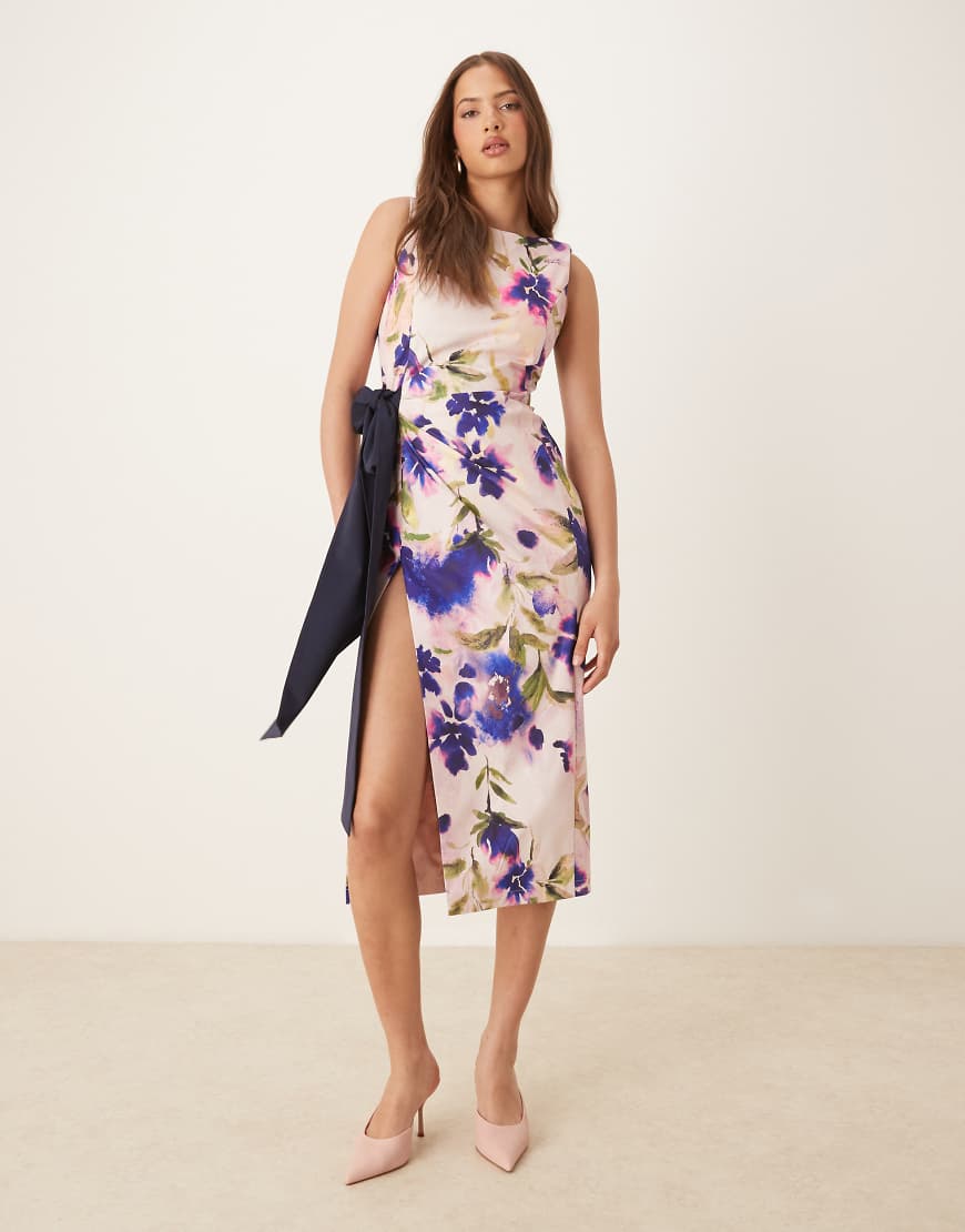 Asymmetric pencil dress with bow detail in purple floral