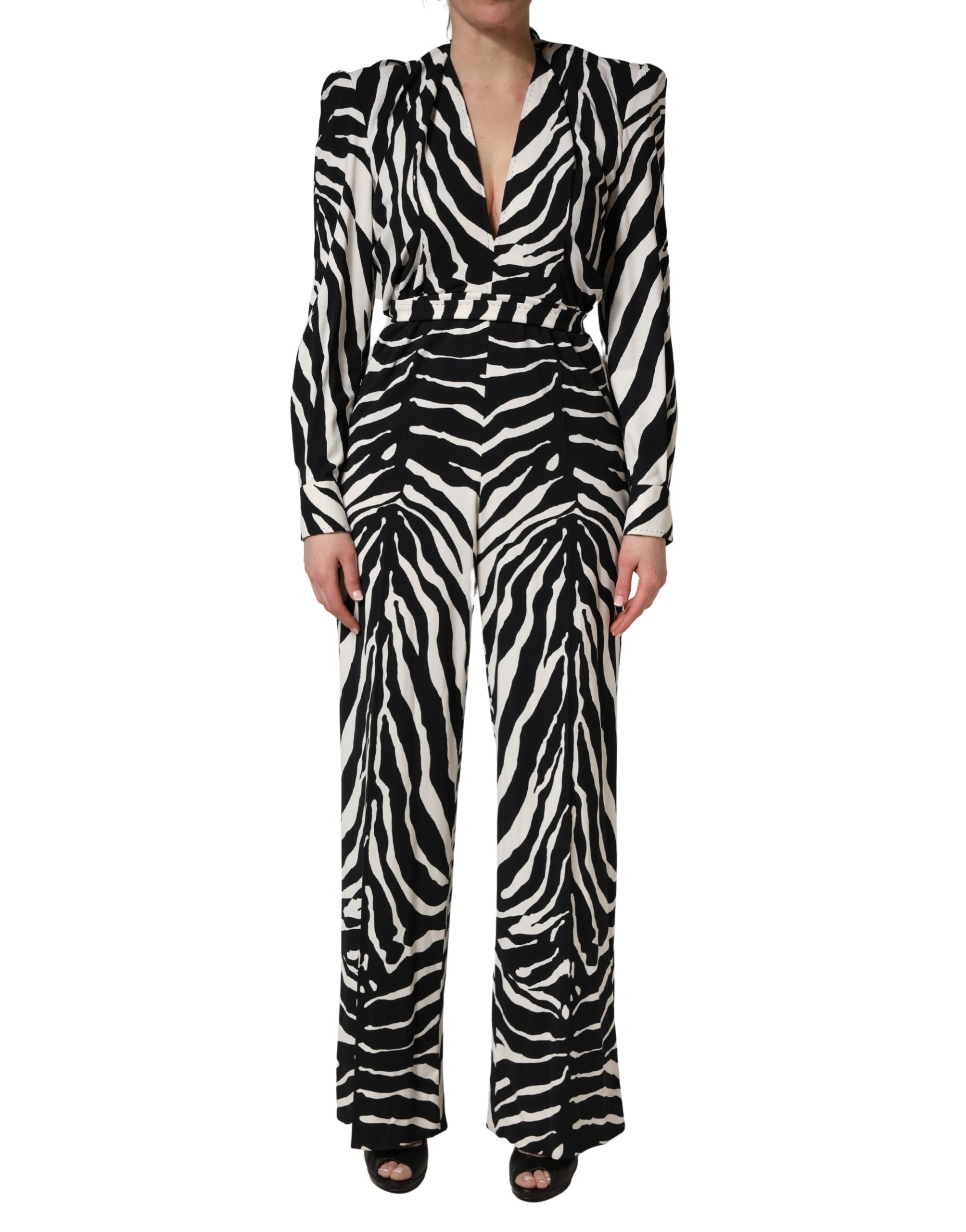 Zebra-Print Viscose Jumpsuit — Black