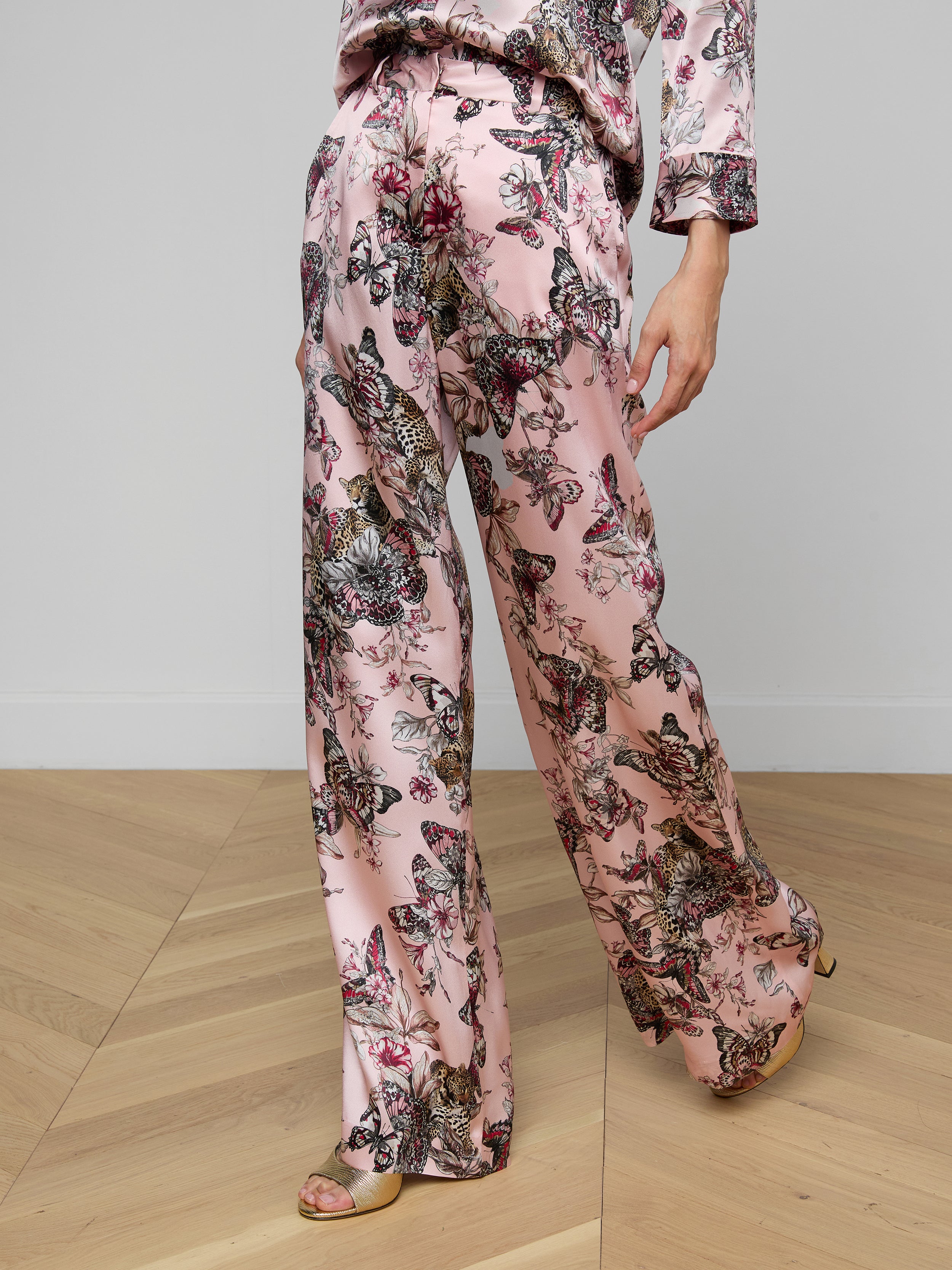 Pilar Silk Wide-Leg Pants In Light Nectar Pink Small Multi Butterfly Jungle