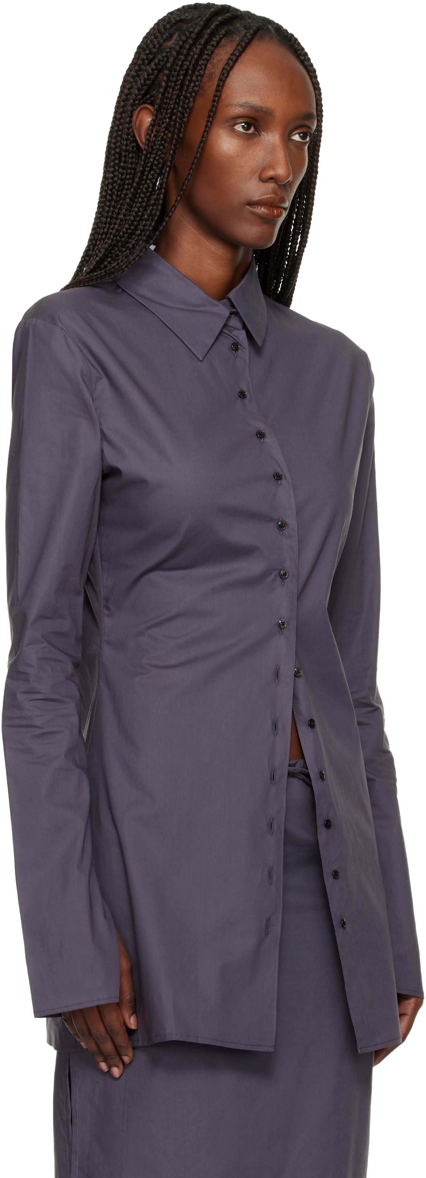Gray Cotton Poplin Fitted Cuffless Shirt