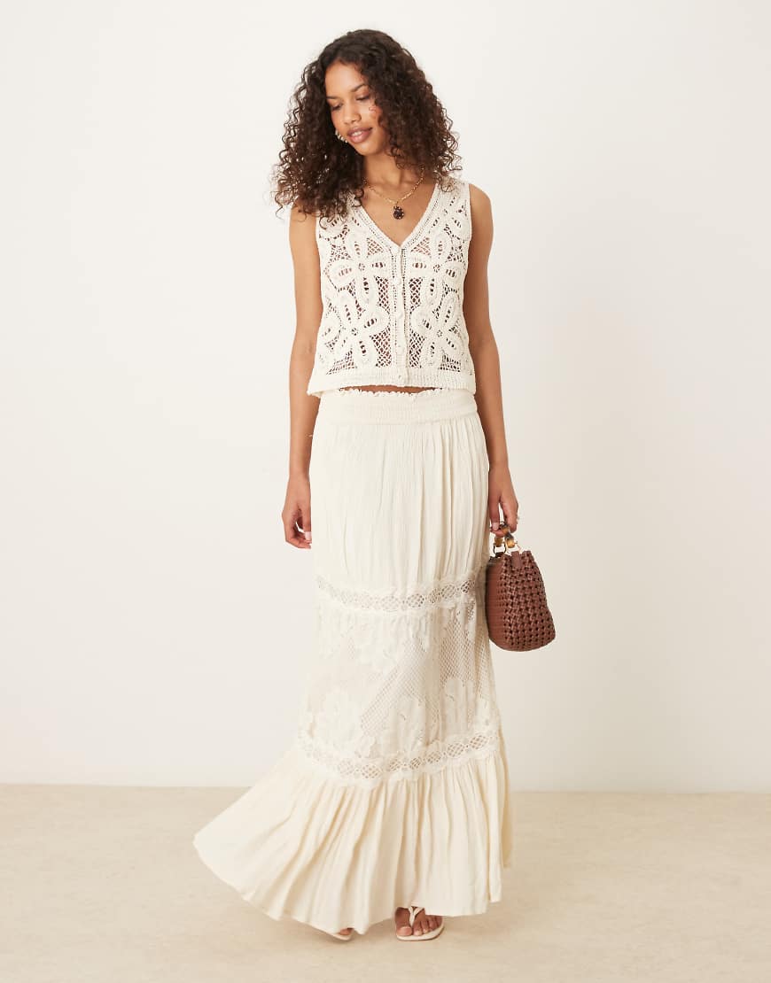 Festival crochet lace insert boho maxi skirt in cream-White
