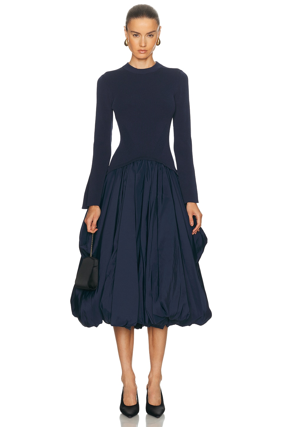 SIMKHAI Kenlie Long Sleeve Neck Midi Dress in Blue