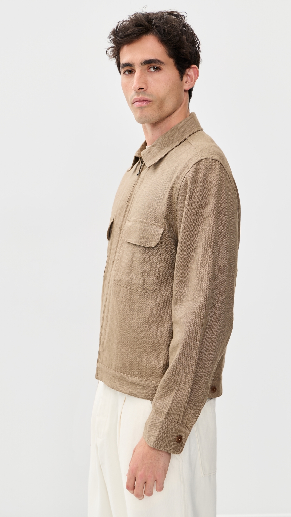Herringbone Linen Zip Jacket Olive