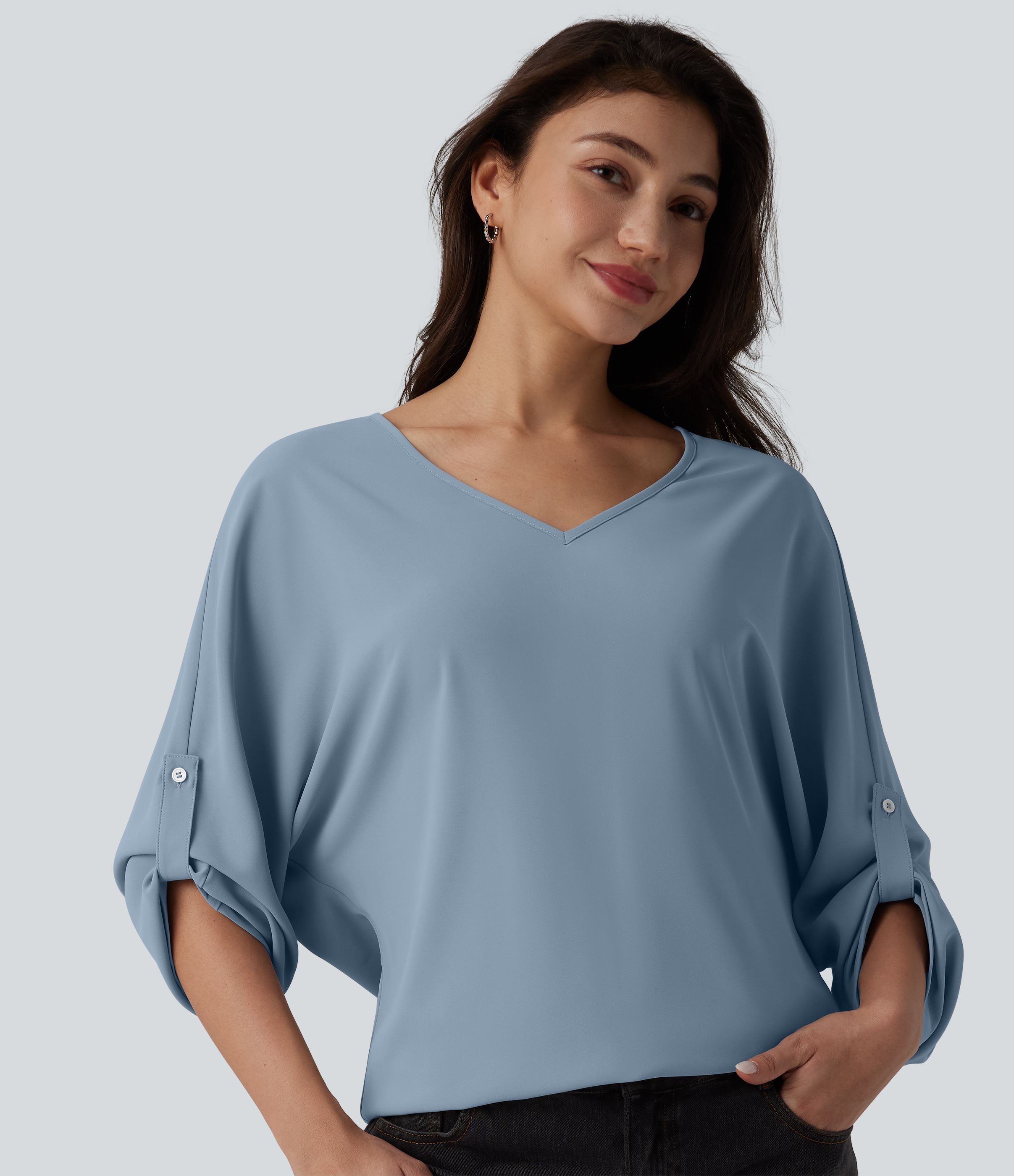 Halara Wrinkle-resistant V Neck Long Sleeve Work Blouse - Mountain Spring