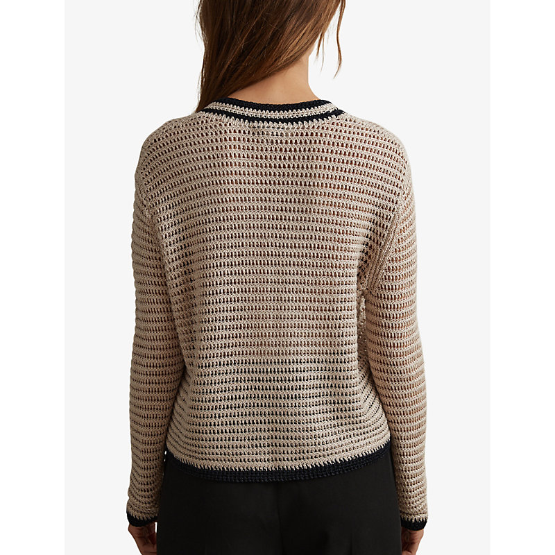 Womens Neutral/navy Astrid Contrast-tip Relaxed-fit Knitted Jumper