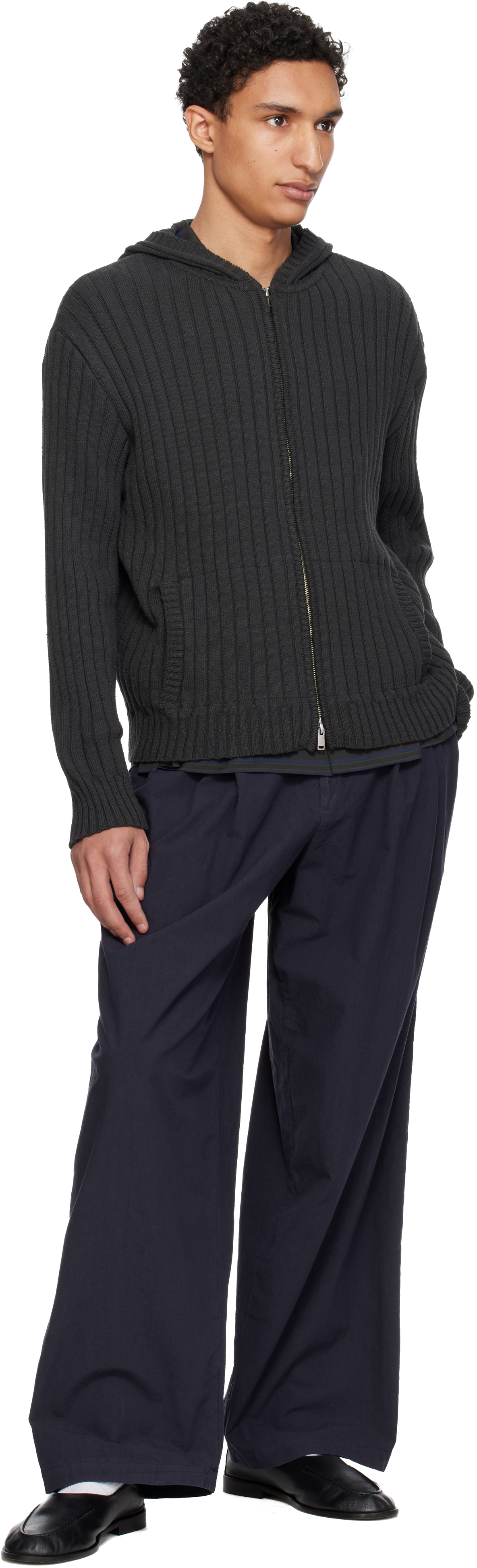 Navy Cotton Typewriter Garment-dyed 3pleated Tapered Trousers