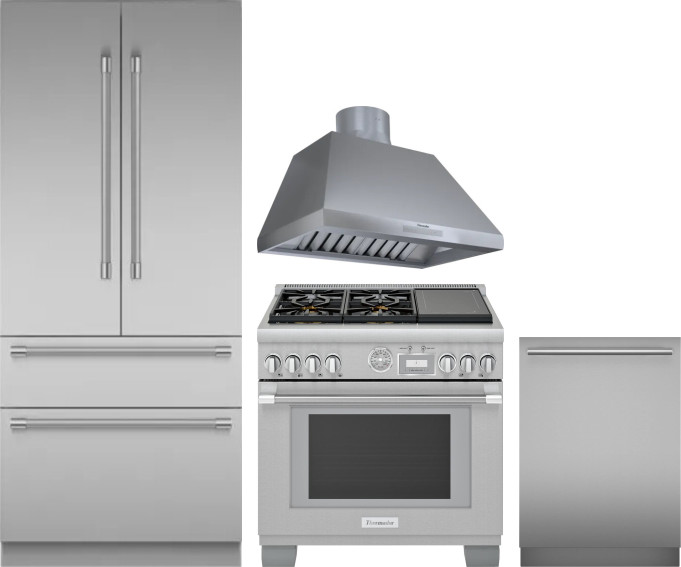 Thermador 4 Piece Kitchen Appliances Package with French Door Refrigerator, Dual Fuel Range and Dishwasher in Stainless Steel THRERADWRH1293