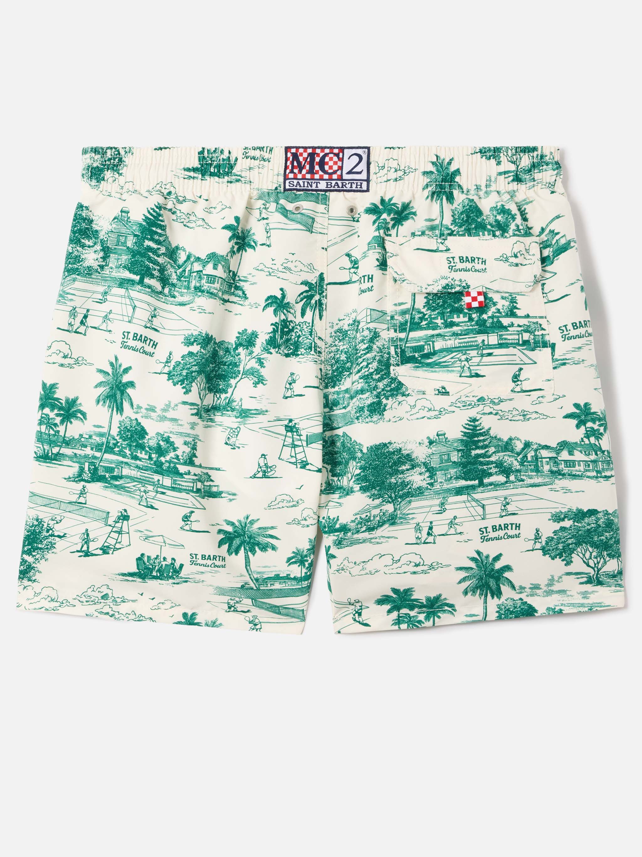 Gustavia Swim Shorts With Green Toile De Jouy Print White Swimshort - Men
