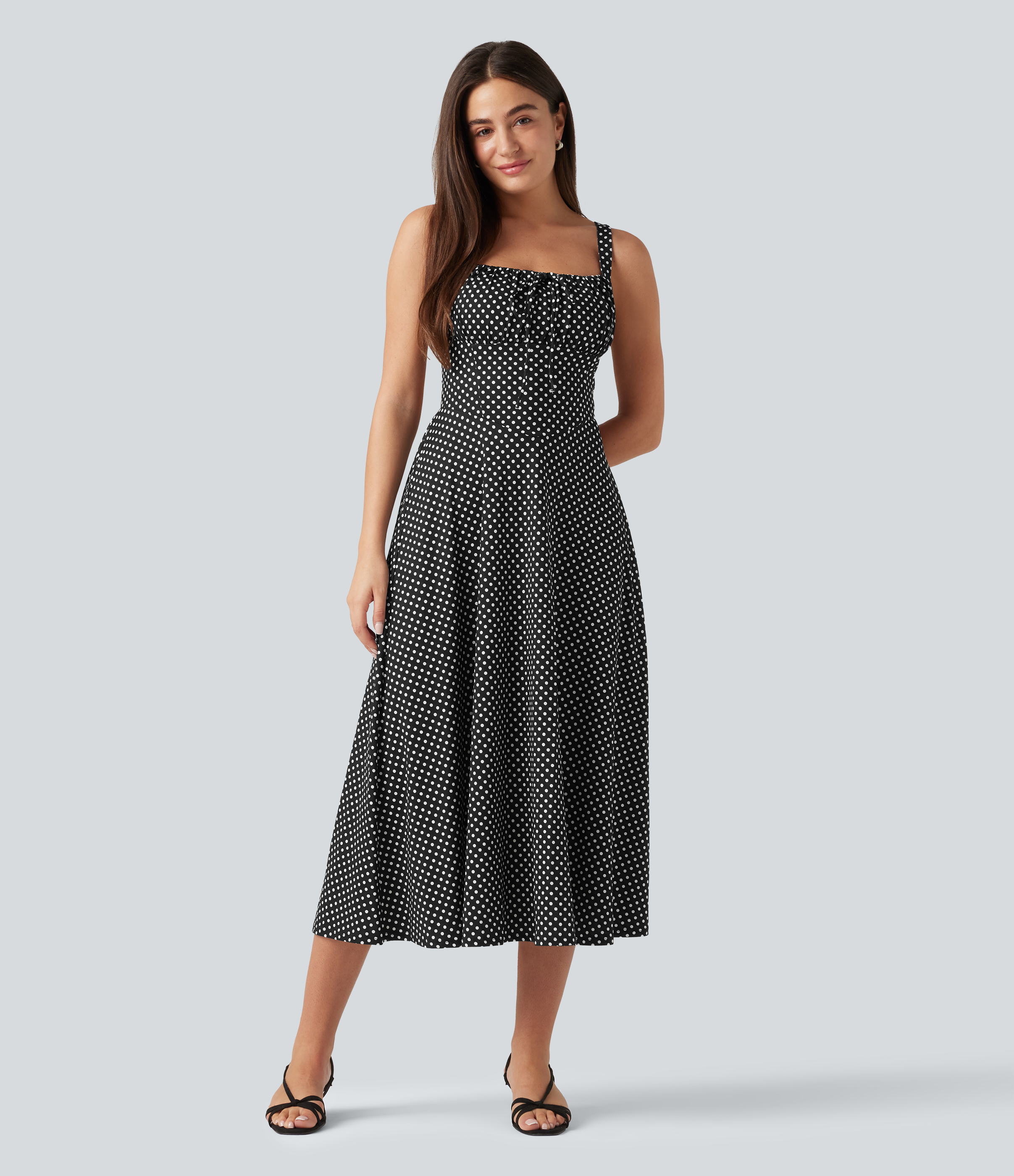 Crisscross Backless Square Neck Sleeveless Ruched Polka Dot Built-in Bra Midi Resort Flowy Dress Casual Dress - Midnight Dots