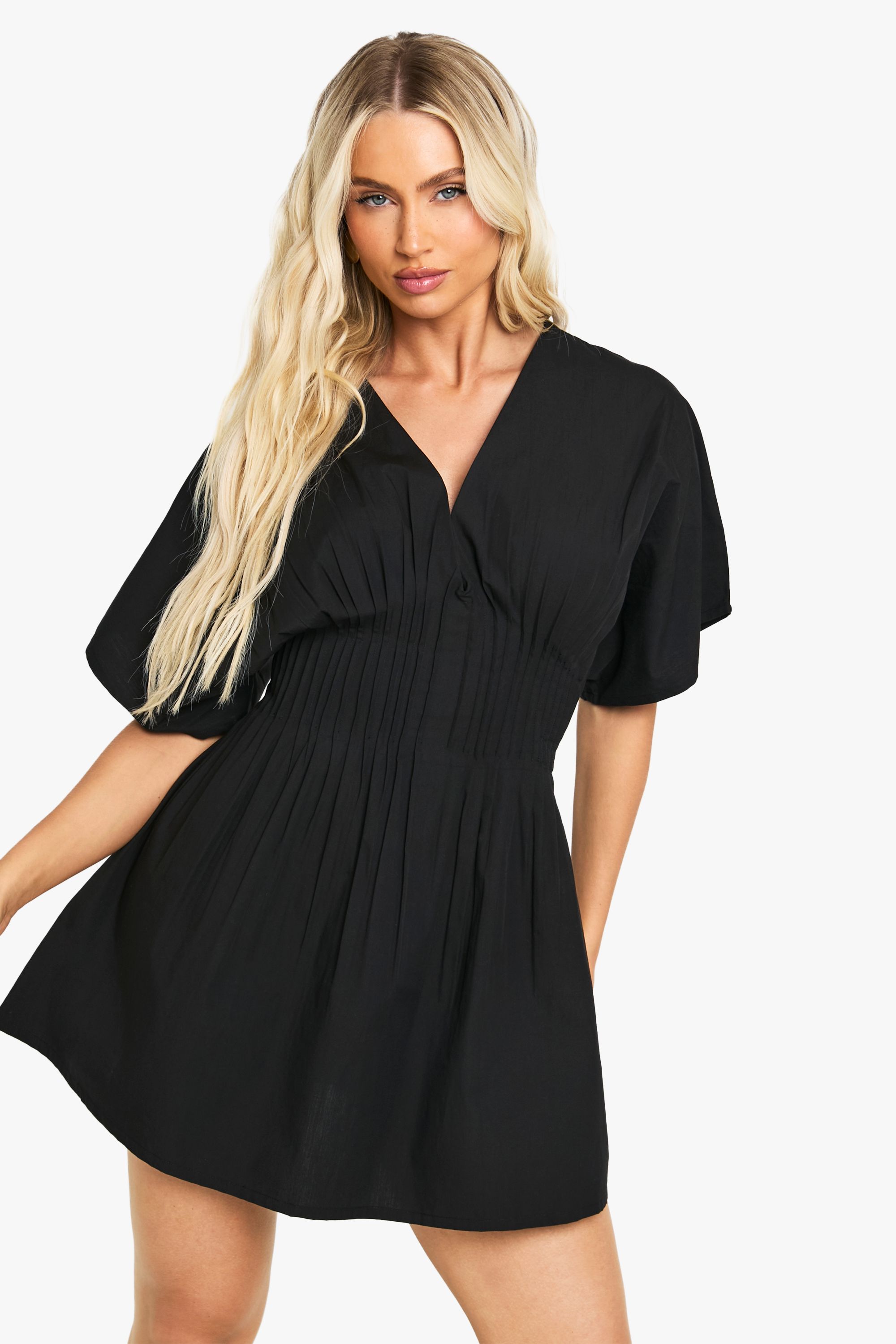 Boohoo Womens Cotton Poplin Kimono Sleeve Mini Dress - Black