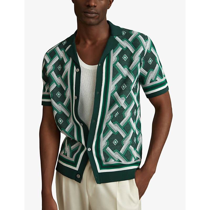 Mens Green Multi Hyde Geometric-print Short-sleeve Knitted Shirt S