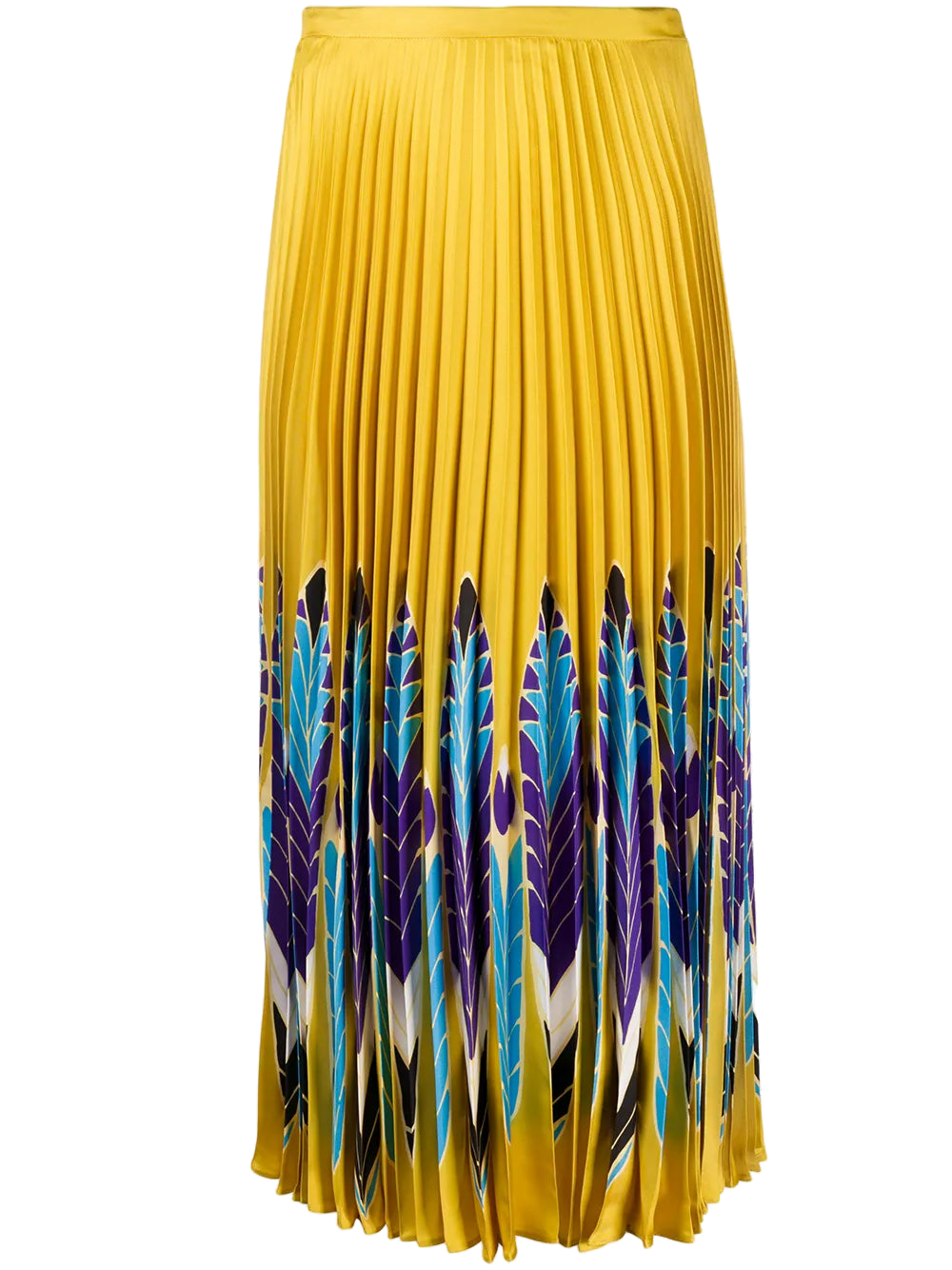 Feather Print Pleated Skirt — Yellow